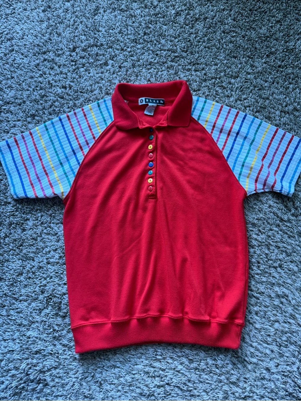 Vintage 80s 90s Blast Rainbow Striped Polo Shirt Medium Taiwan Kidcore Red